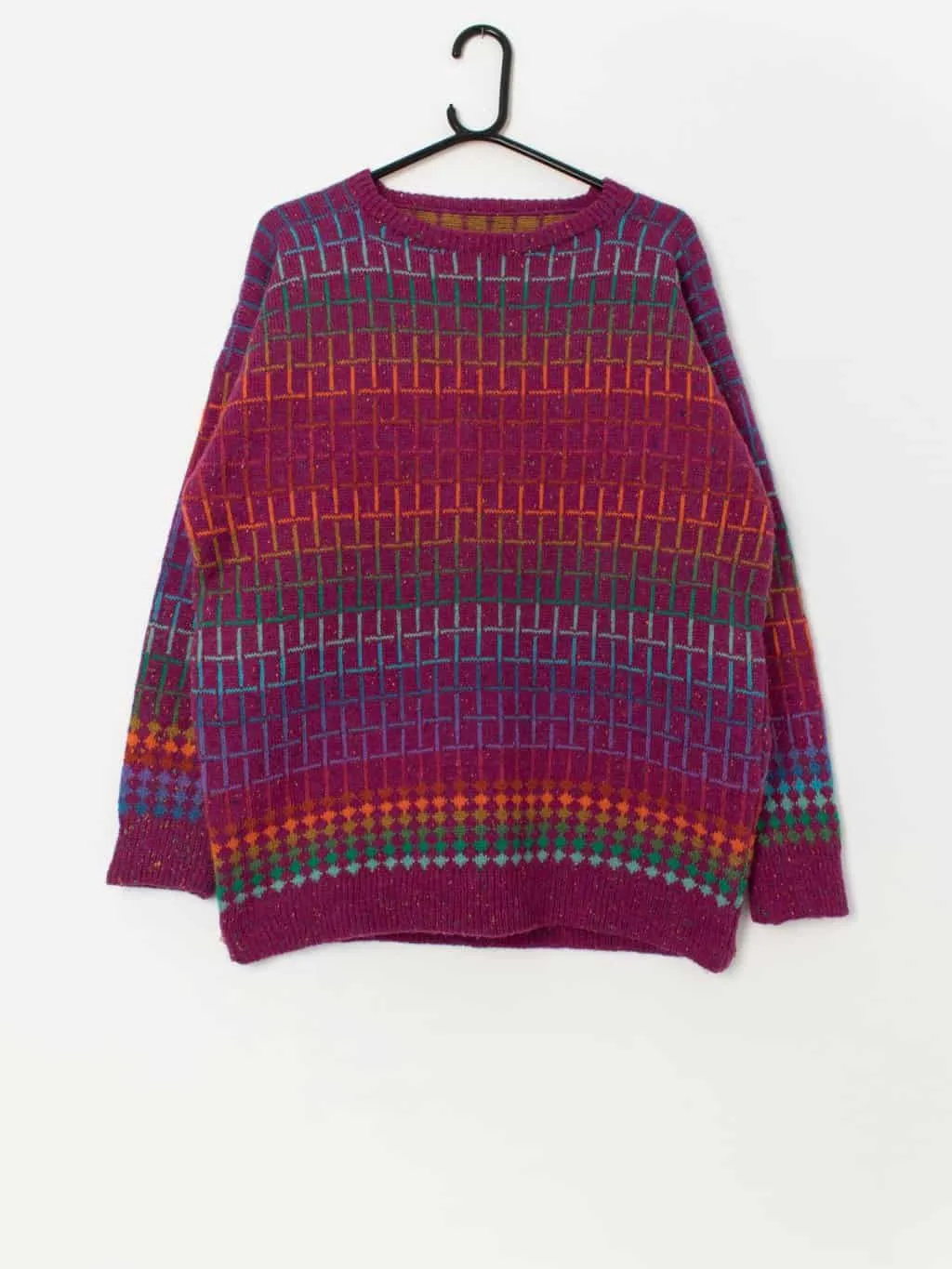 80s vintage wool geometric grid patterned jumper, purple – Medium / Large