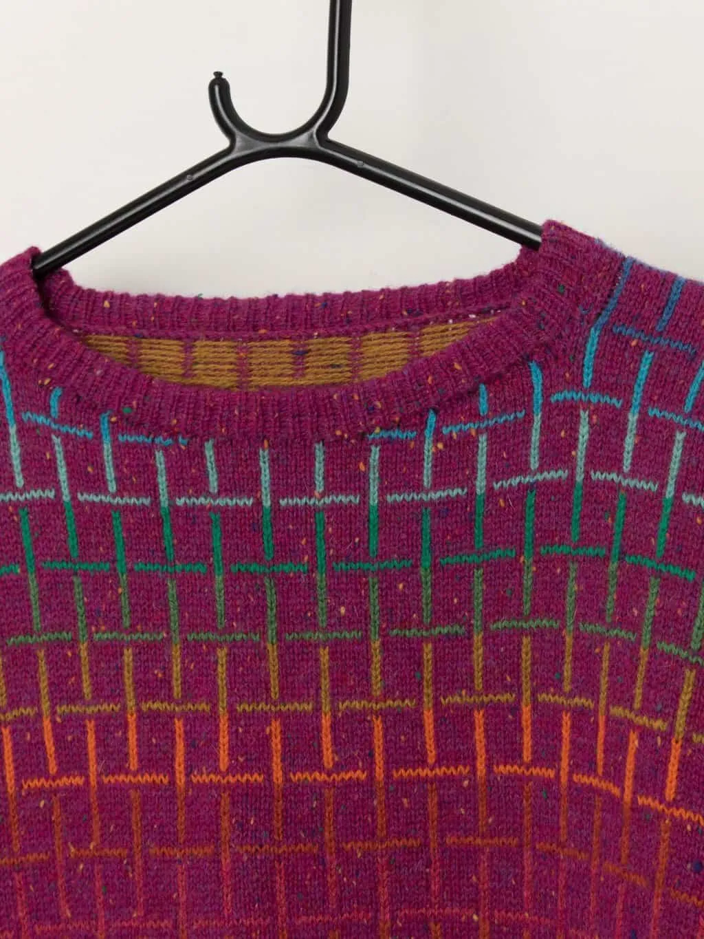 80s vintage wool geometric grid patterned jumper, purple – Medium / Large