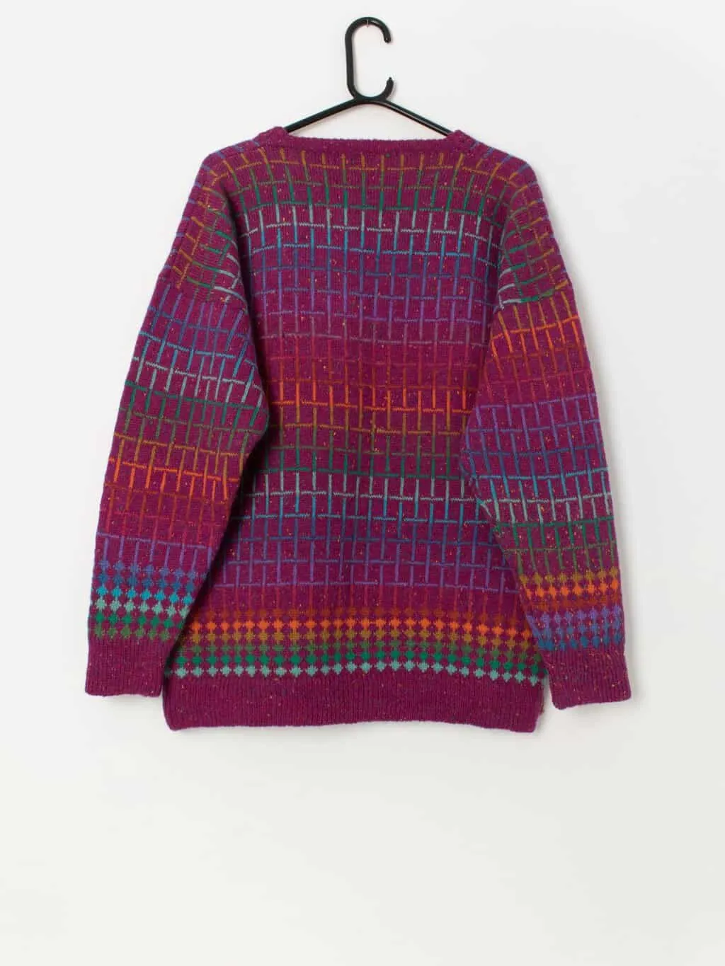 80s vintage wool geometric grid patterned jumper, purple – Medium / Large