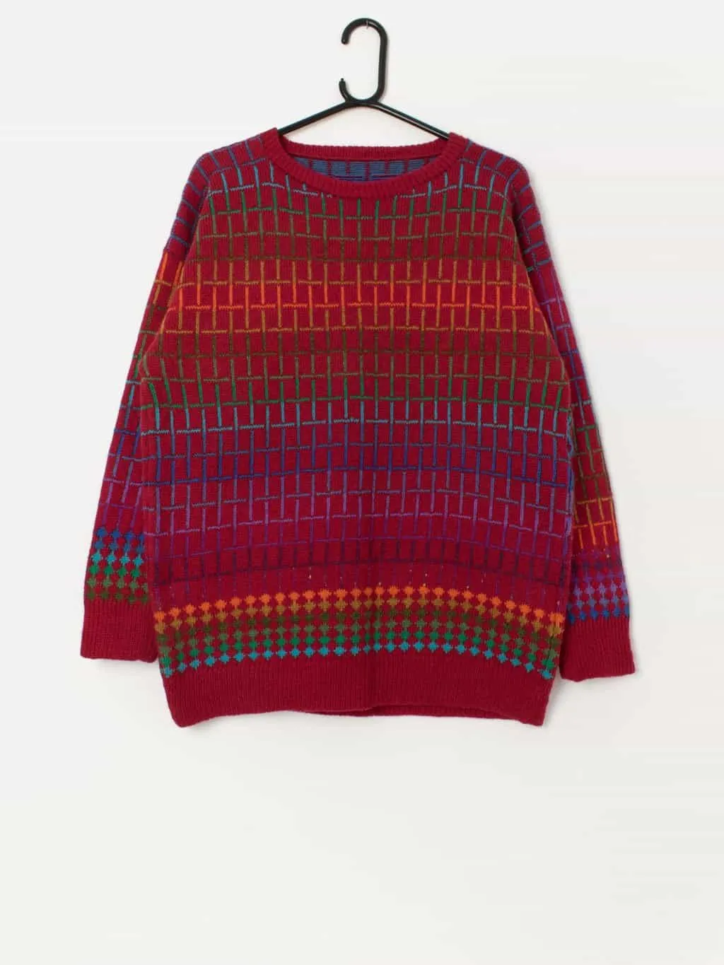 80s vintage wool geometric grid patterned jumper, red – Medium / Large