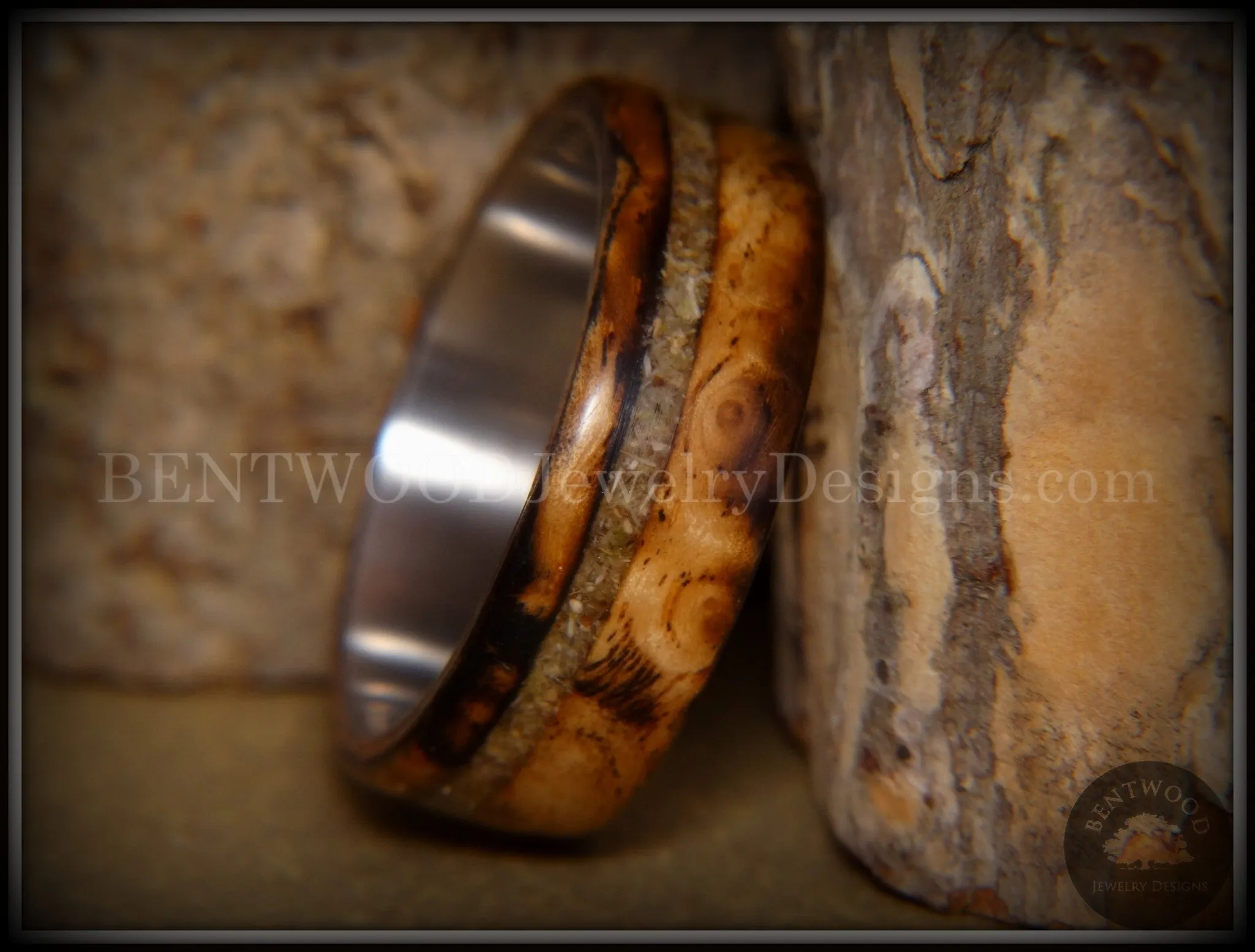 Bentwood Ring - Live Smokey Olivewood Ring on Stainless Steel Core with Live Oak Inlay