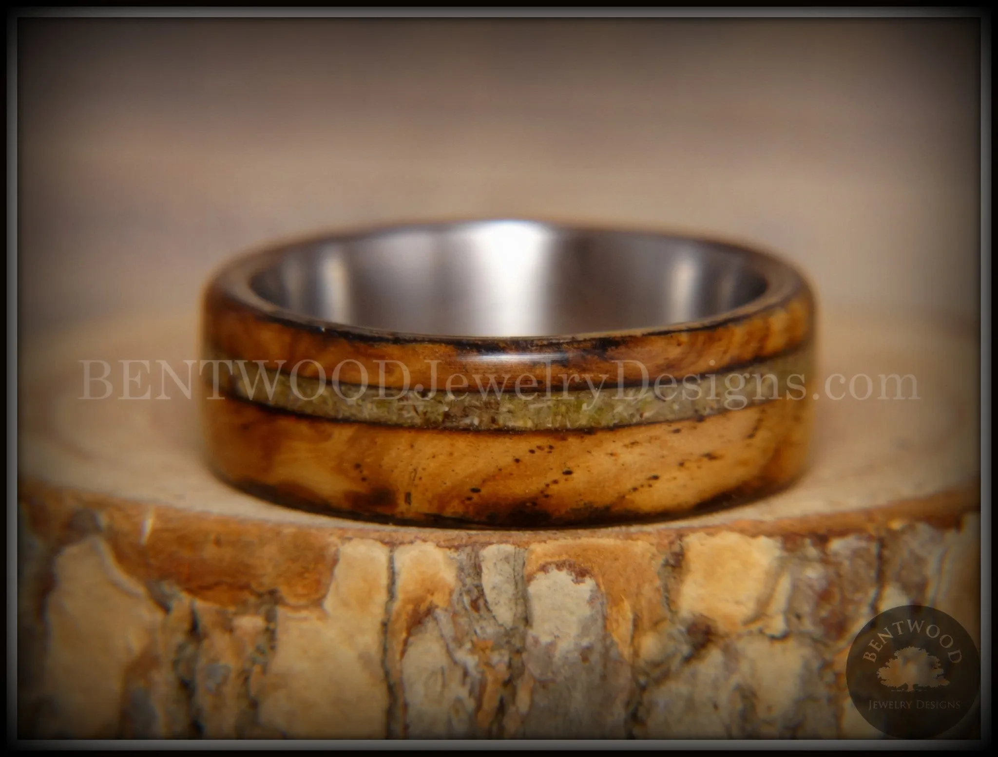 Bentwood Ring - Live Smokey Olivewood Ring on Stainless Steel Core with Live Oak Inlay