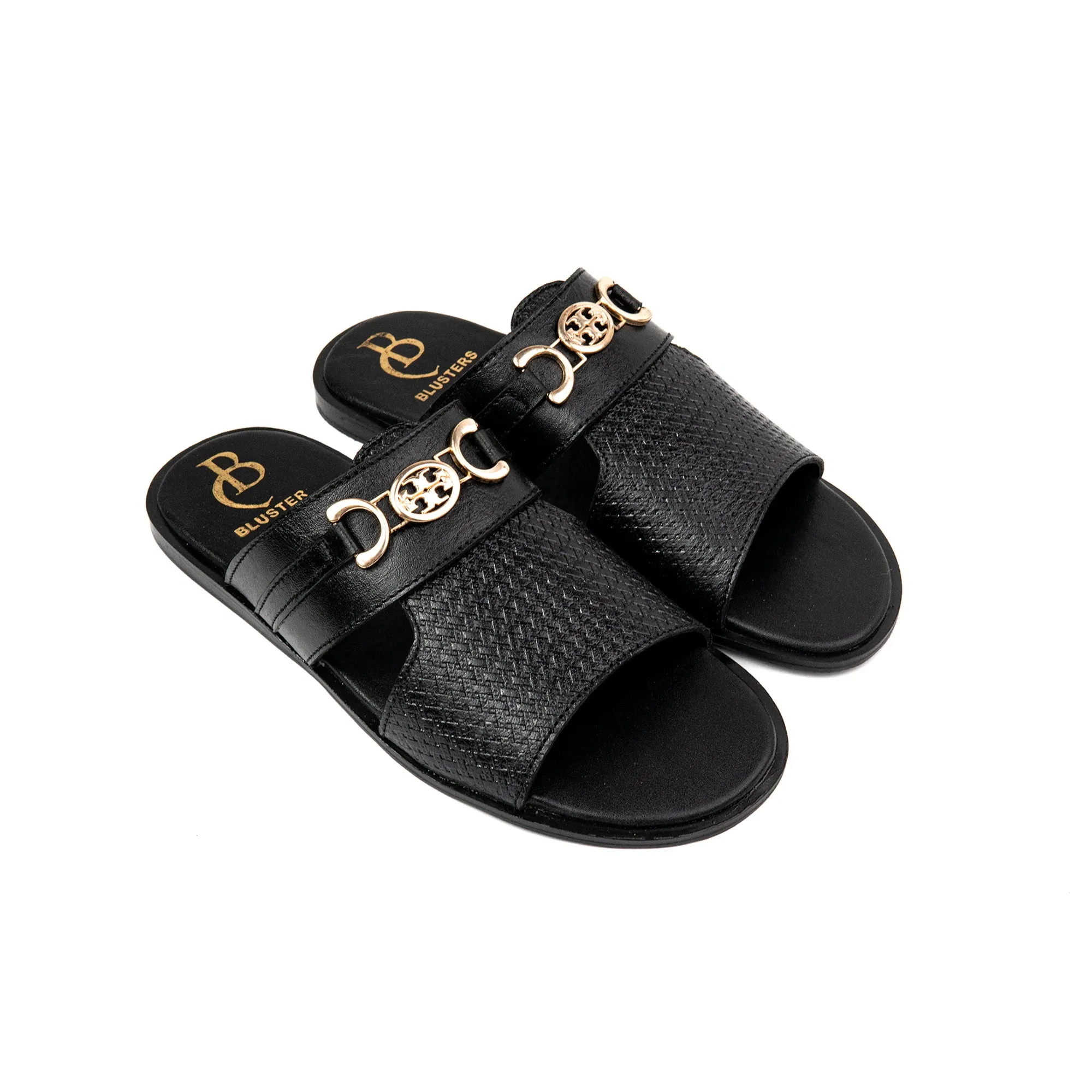 Black Dual Buckled Premium Leather Slippers