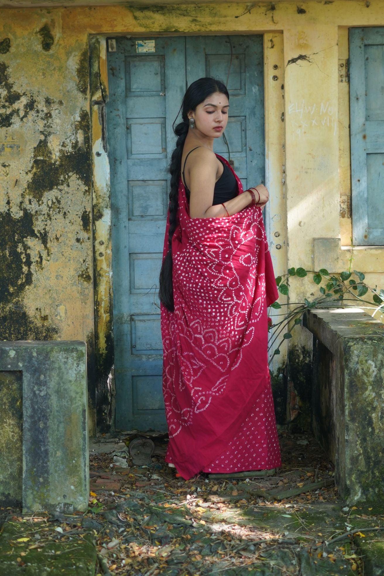 Boond - Bandhani red cotton Bandhani cotton saree