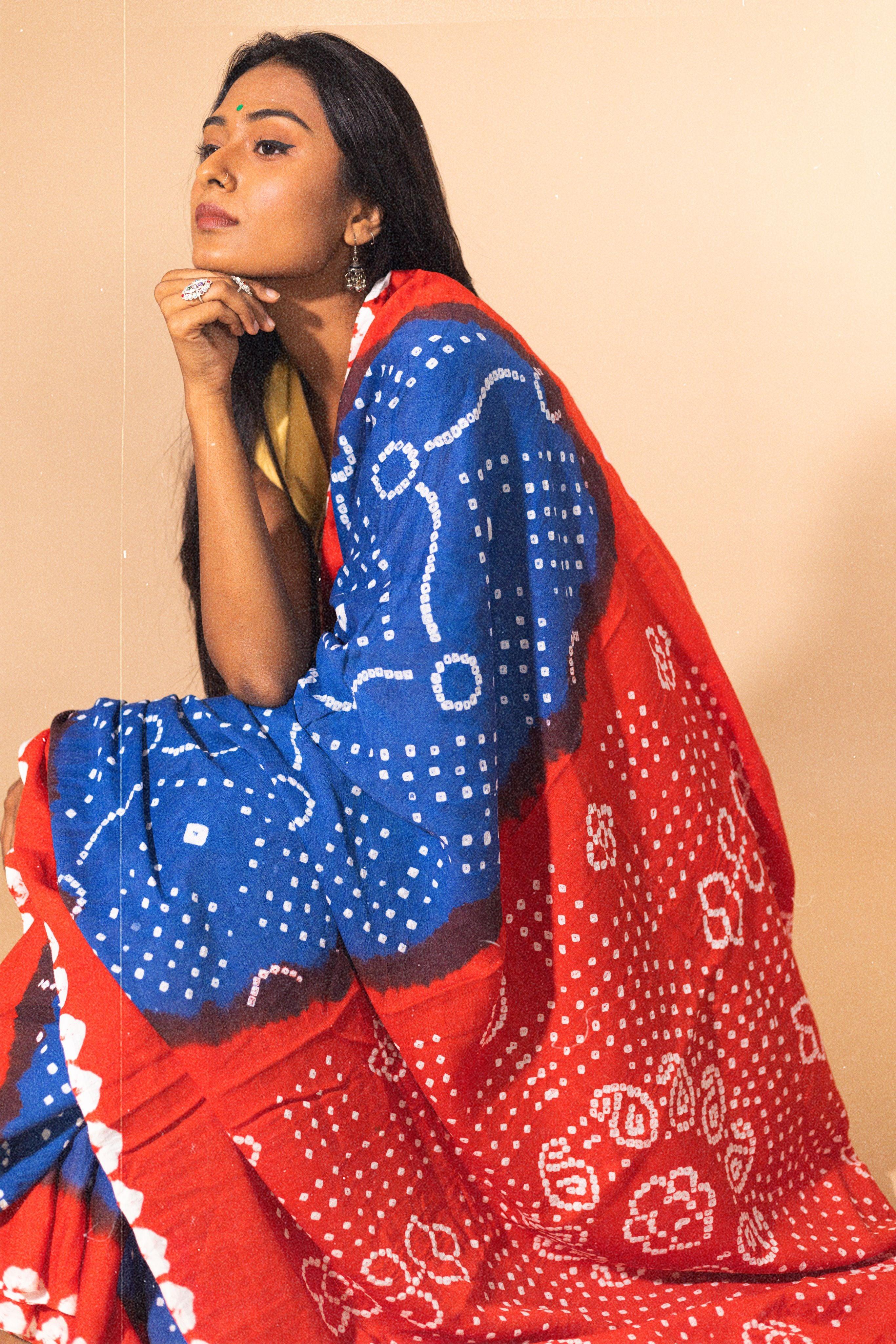 Boond - Kaisori Bandhani orange and blue Bandani  cotton designer saree