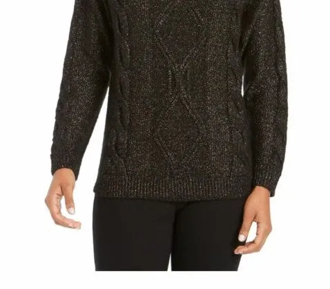 Charter Club Women's Cowl-Neck Cable-Knit Glitter Sweater Black Size Large