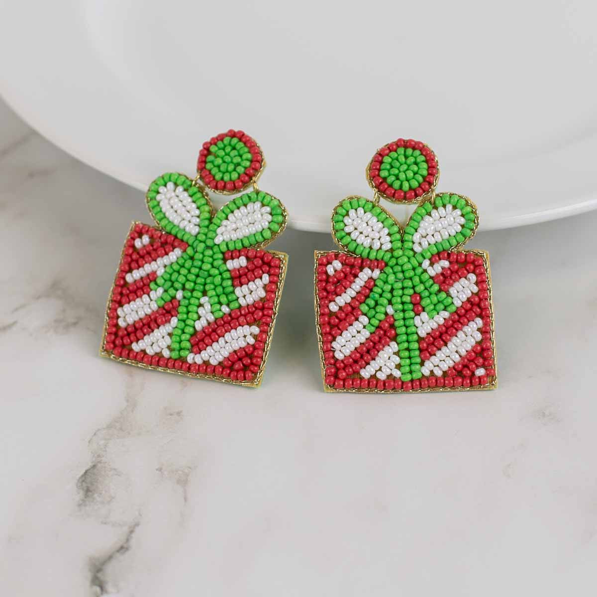 Christmas Present Beaded Earrings - Red/Green