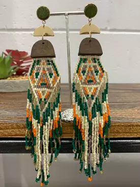 DKC Orange Teal and White Beaded Tassel Earrings