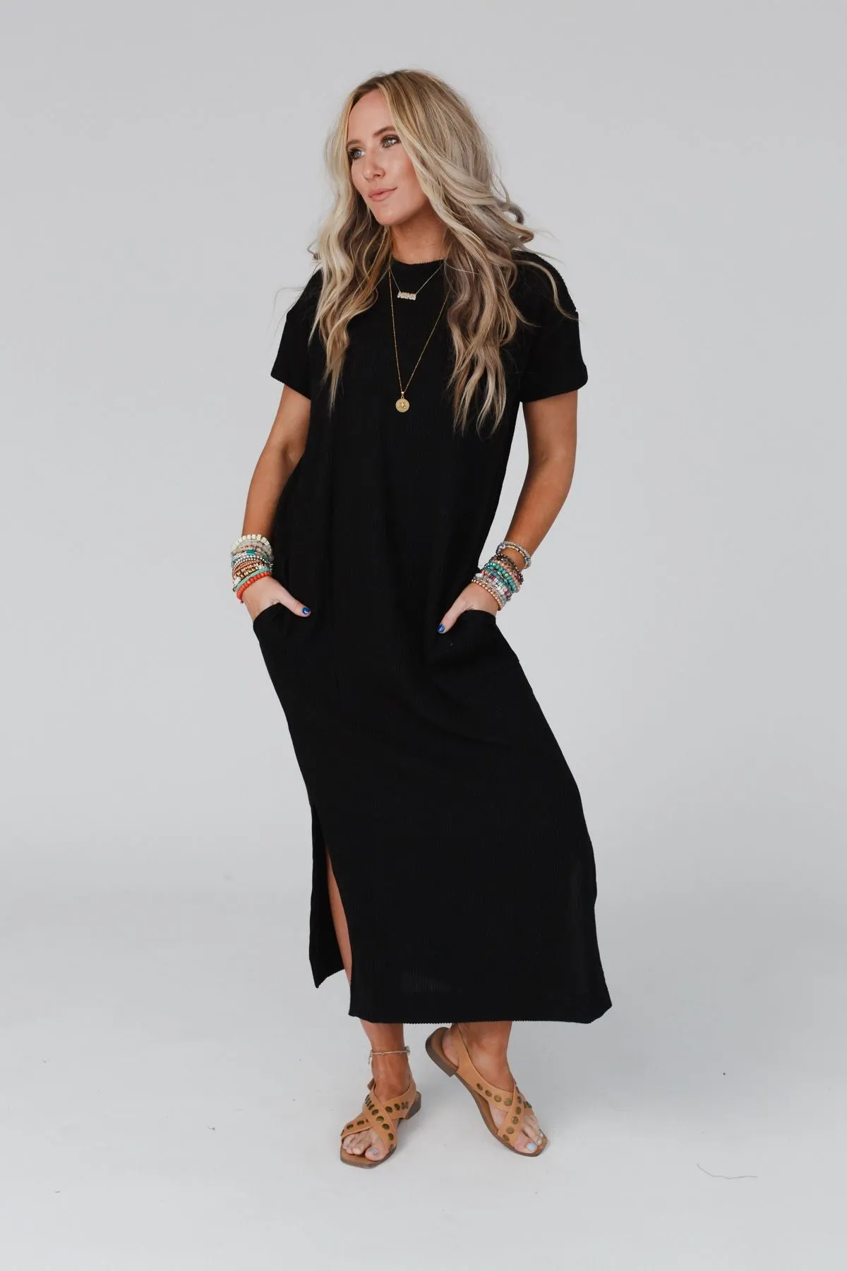 Easy Days Maxi Slit Tee Dress - Black