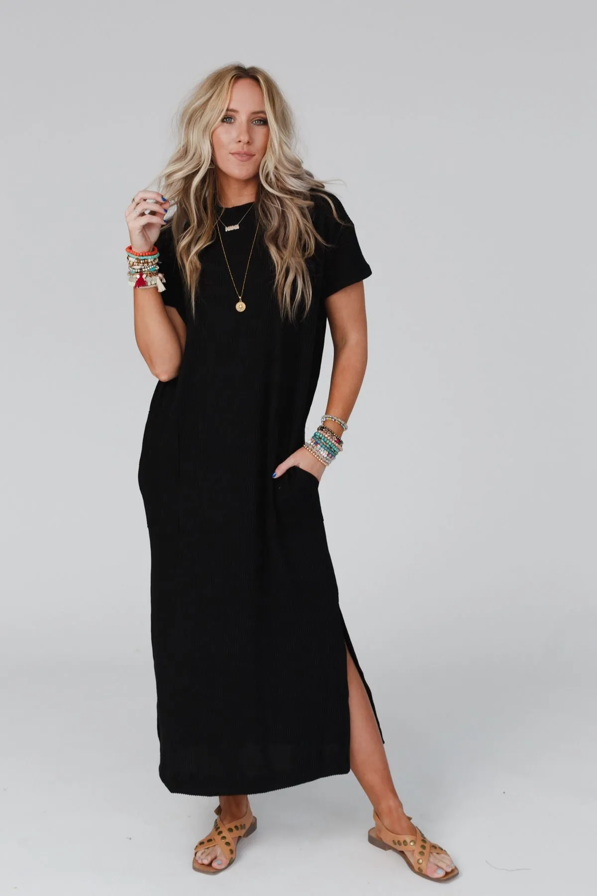 Easy Days Maxi Slit Tee Dress - Black