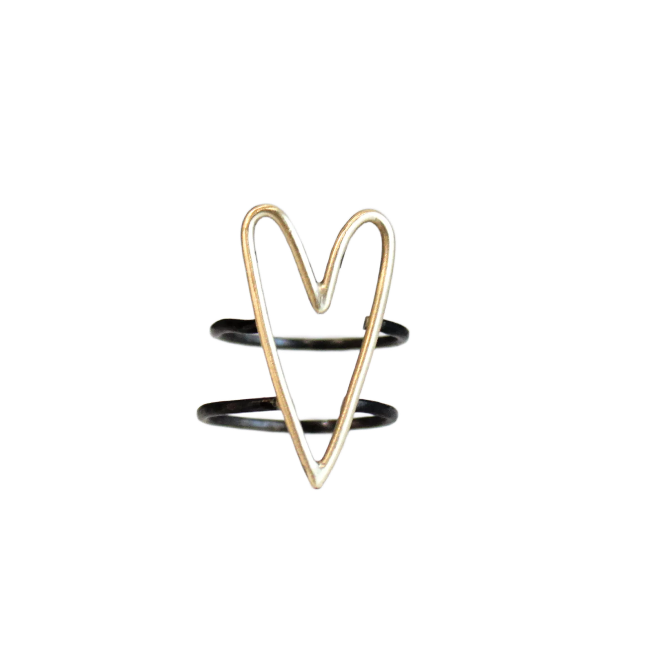 Gold Heart Double Band Rhodium Ring