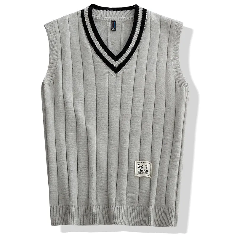 Hip Hop Japanese Style Men's Knitted V Neck Loose Oversized Vest Sweater