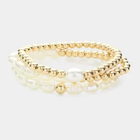 iLLASPARKZ 3PCS - Natural Pearl Metal Ball Beaded Stretch Multi Layered Bracelets