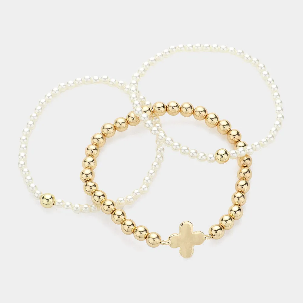 iLLASPARKZ 3PCS - Quatrefoil Pointed Pearl Stretch Multi Layered Bracelets