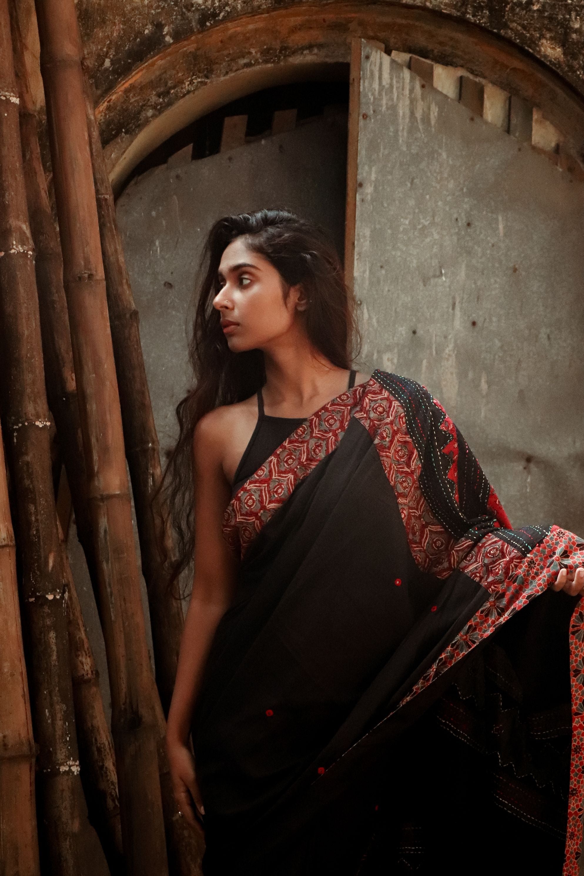 Jharokha -  Black and Red Ajrakh handblockprinted patchwork Gudri Barmer saree