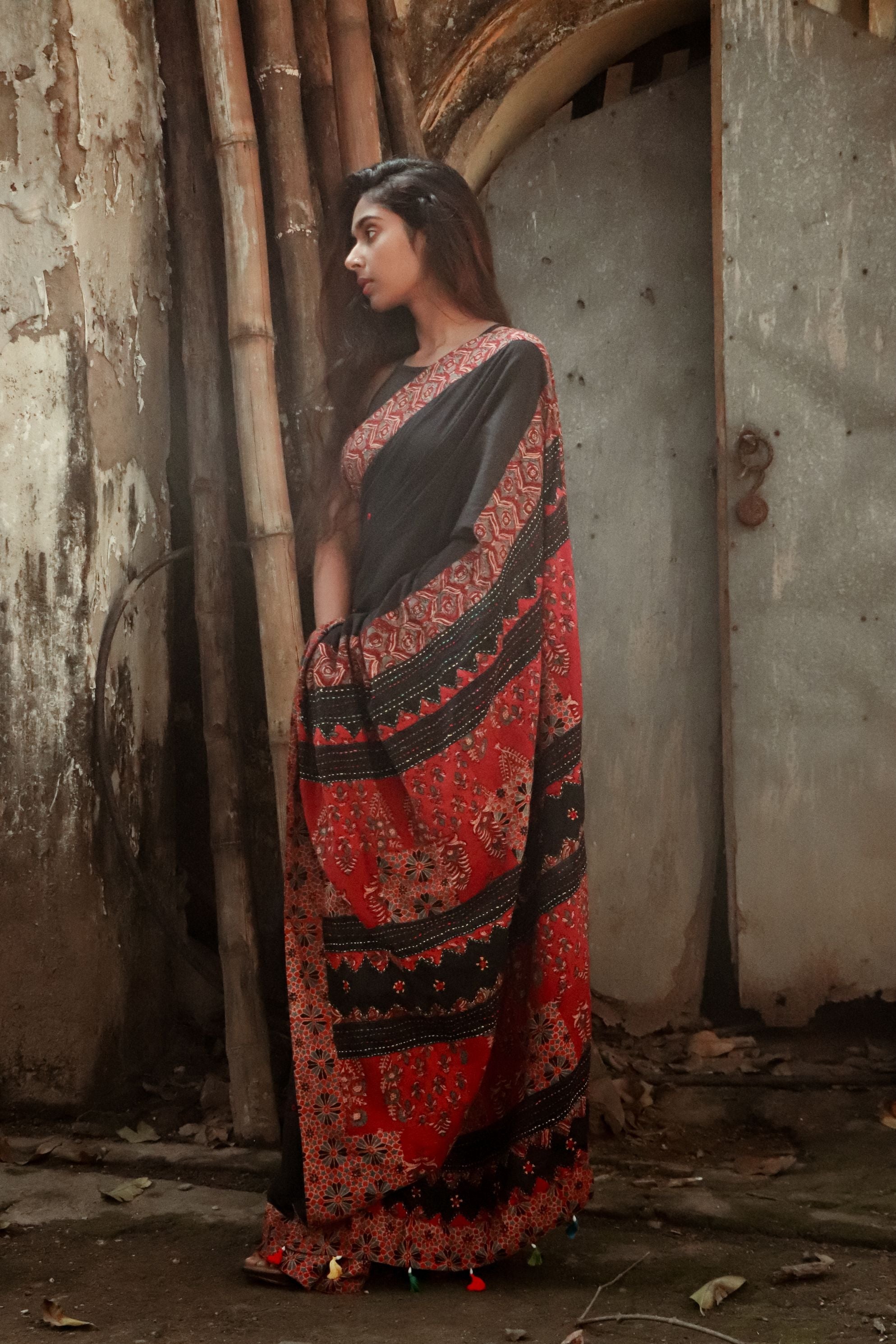 Jharokha -  Black and Red Ajrakh handblockprinted patchwork Gudri Barmer saree