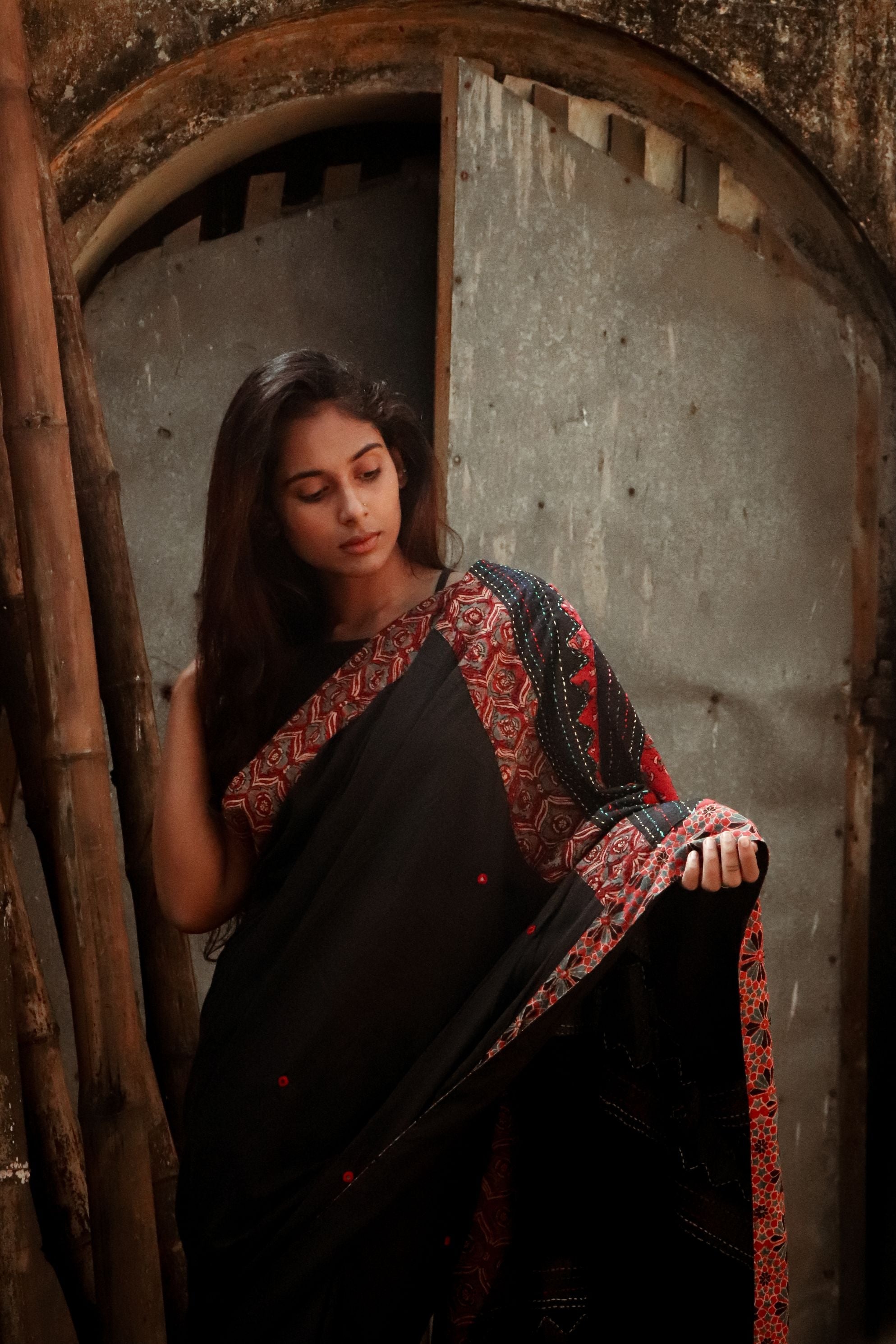 Jharokha -  Black and Red Ajrakh handblockprinted patchwork Gudri Barmer saree