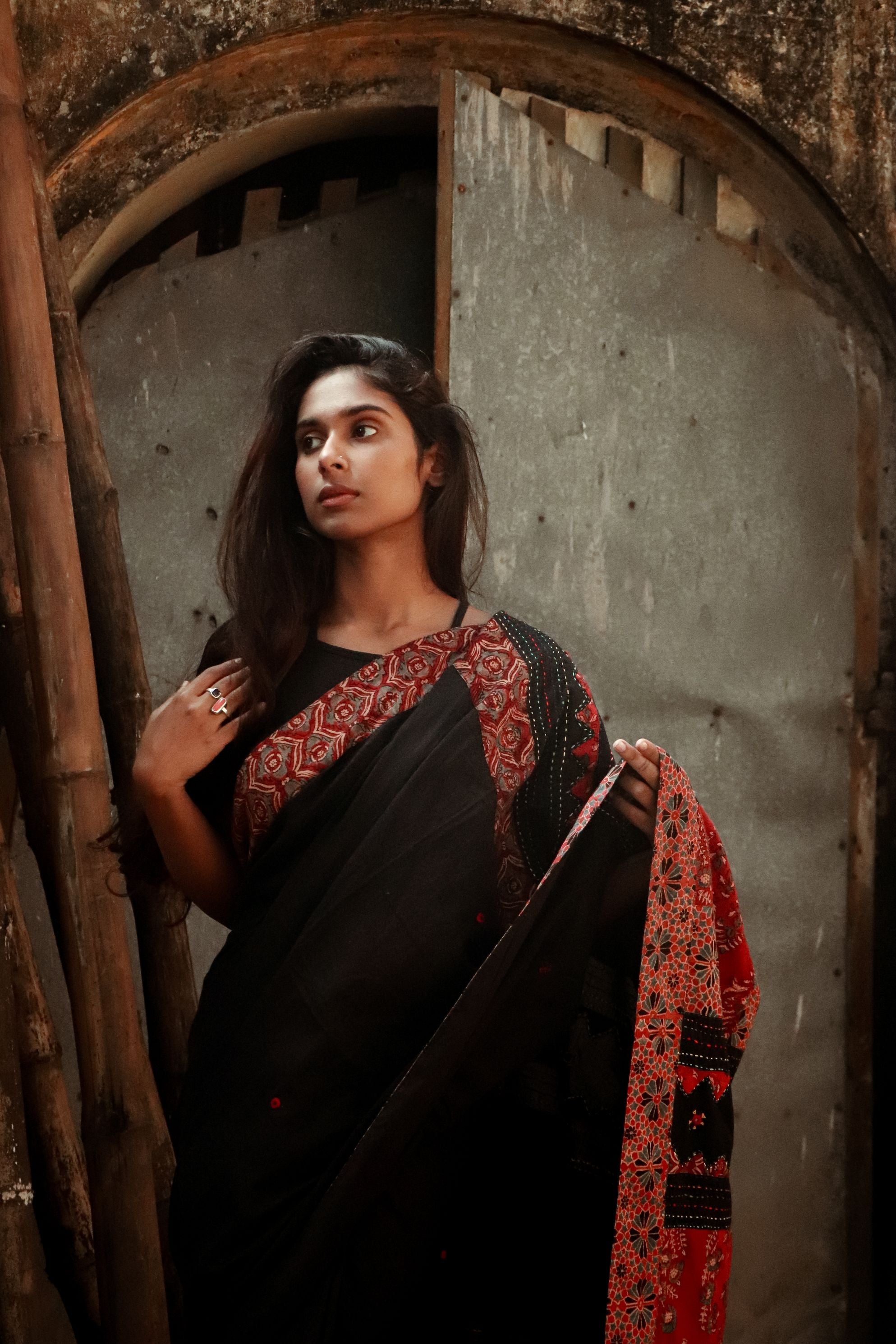 Jharokha -  Black and Red Ajrakh handblockprinted patchwork Gudri Barmer saree