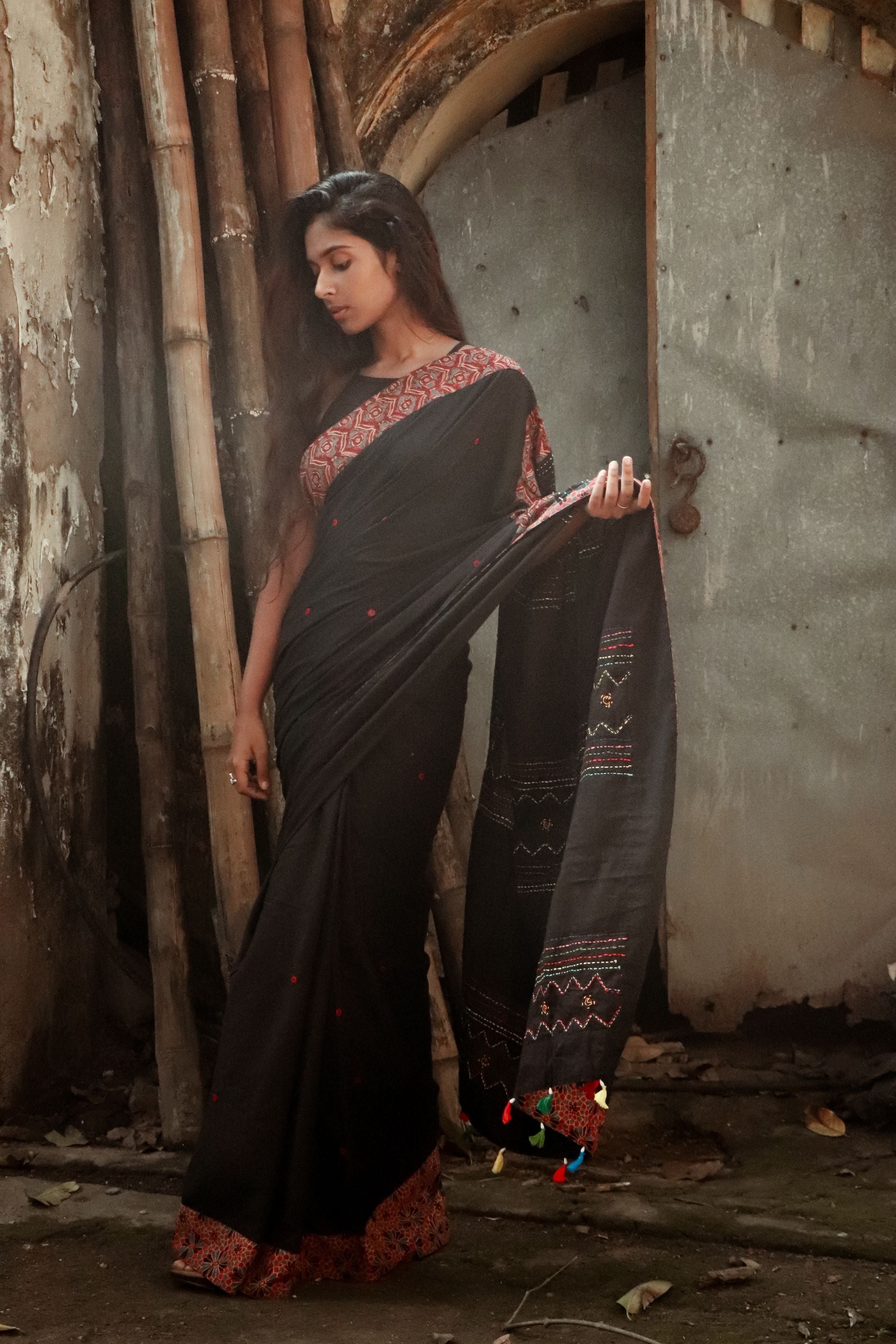 Jharokha -  Black and Red Ajrakh handblockprinted patchwork Gudri Barmer saree