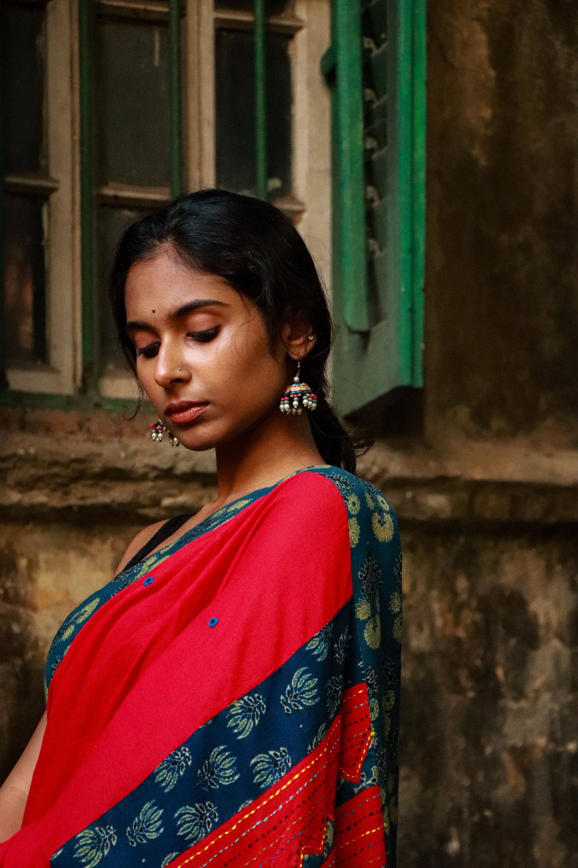 Jharokha -  Blue and Red Ajrakh handblockprinted patchwork Gudri Barmer saree