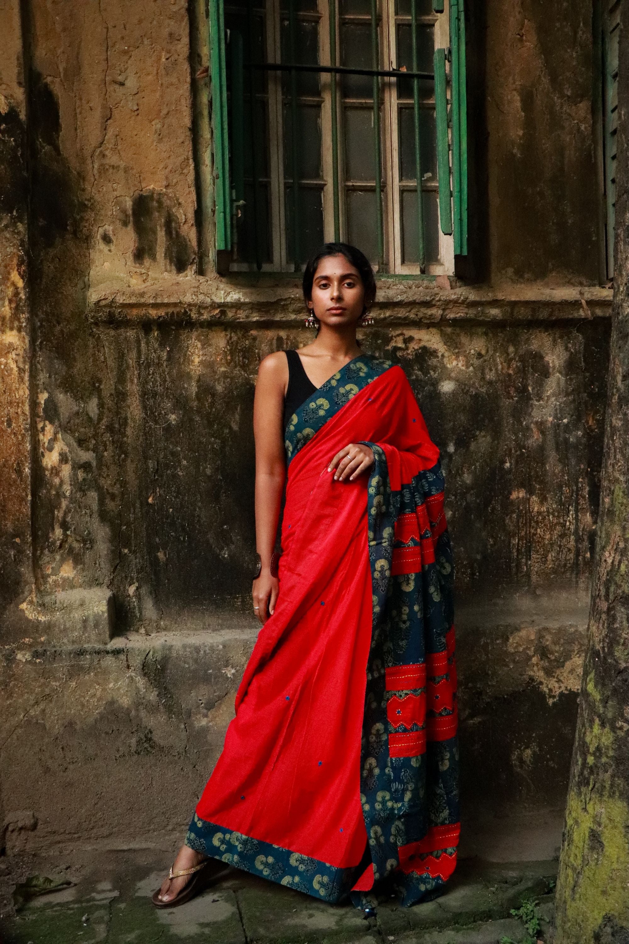 Jharokha -  Blue and Red Ajrakh handblockprinted patchwork Gudri Barmer saree