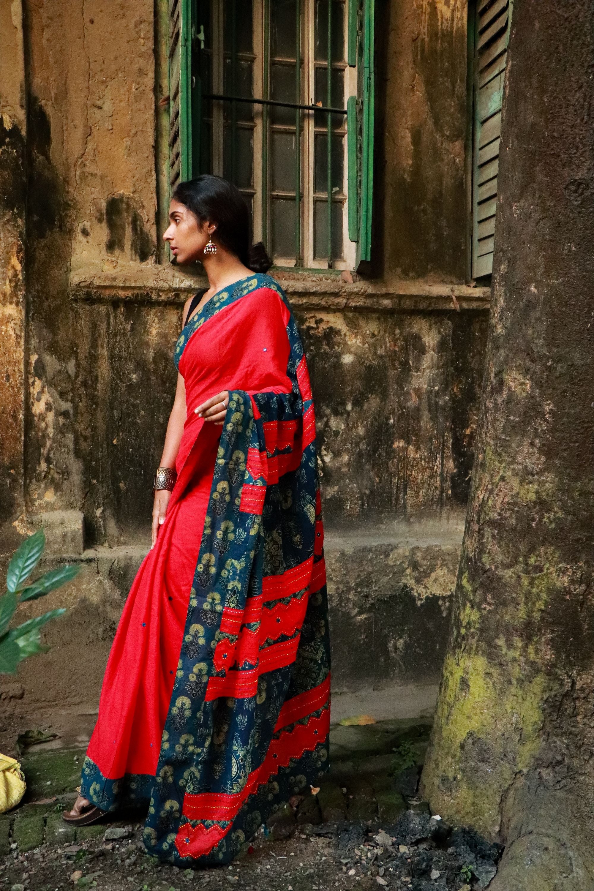 Jharokha -  Blue and Red Ajrakh handblockprinted patchwork Gudri Barmer saree