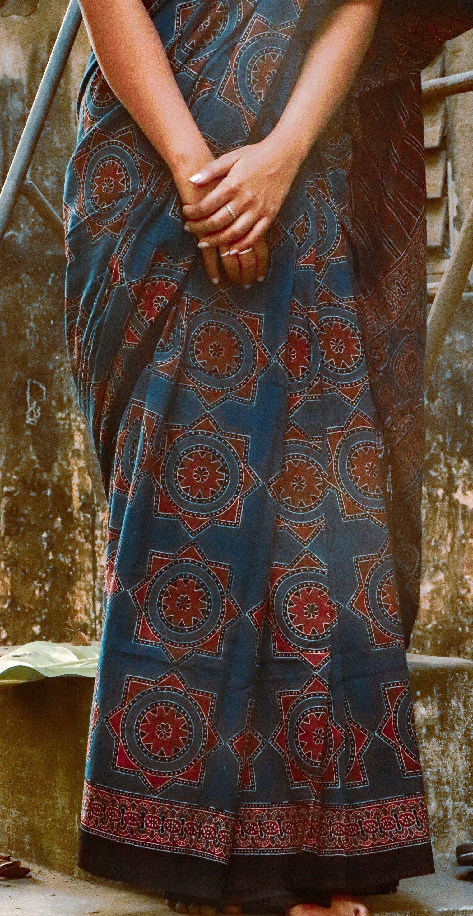 Jharokha - Indigo Ajrakh handblockprinted saree