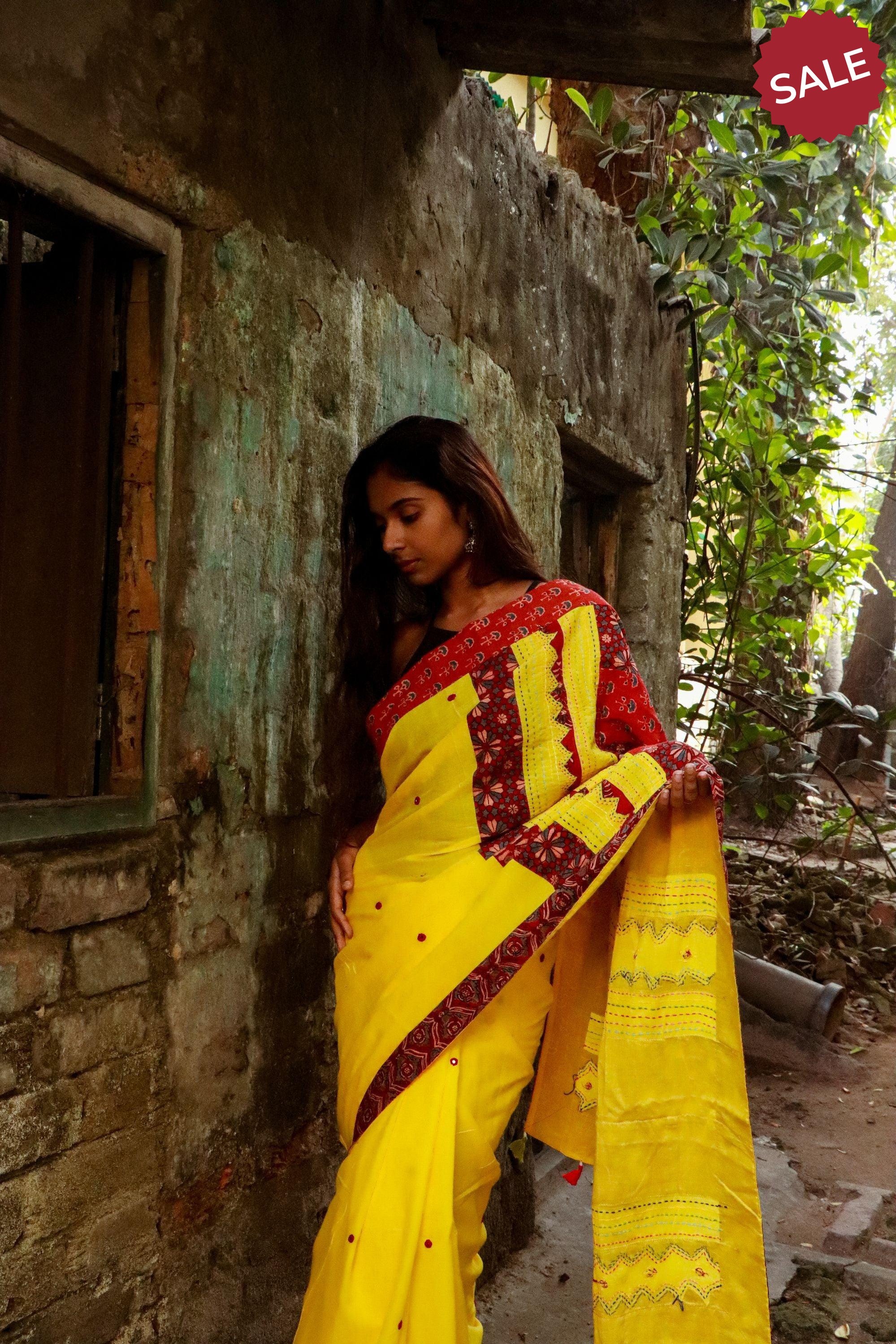 Jharokha -  Yellow and Red Ajrakh handblockprinted patchwork Gudri saree