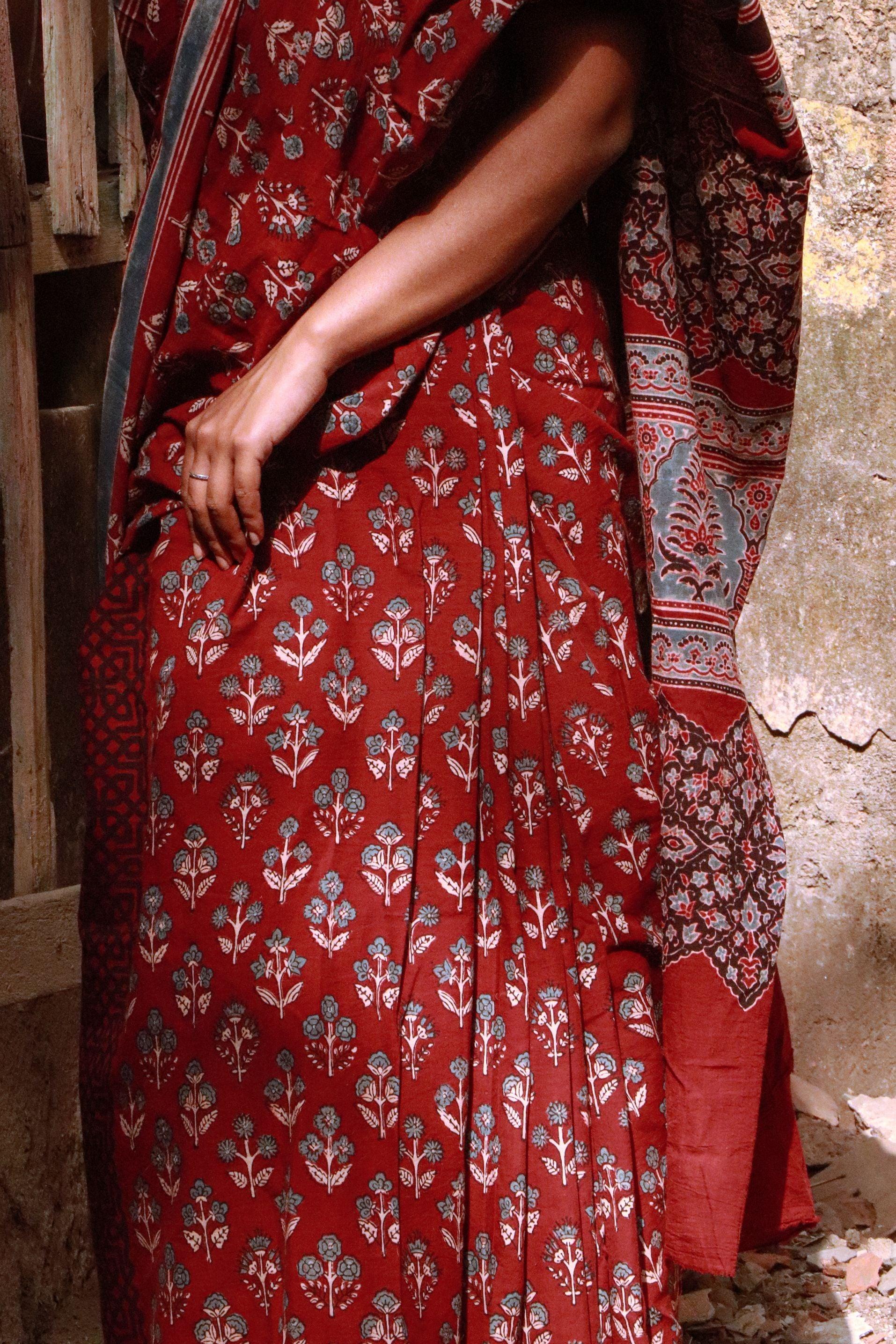 Jharokha -Maroon Ajrkah  handblockprinted saree