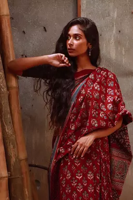 Jharokha -Maroon Ajrkah  handblockprinted saree