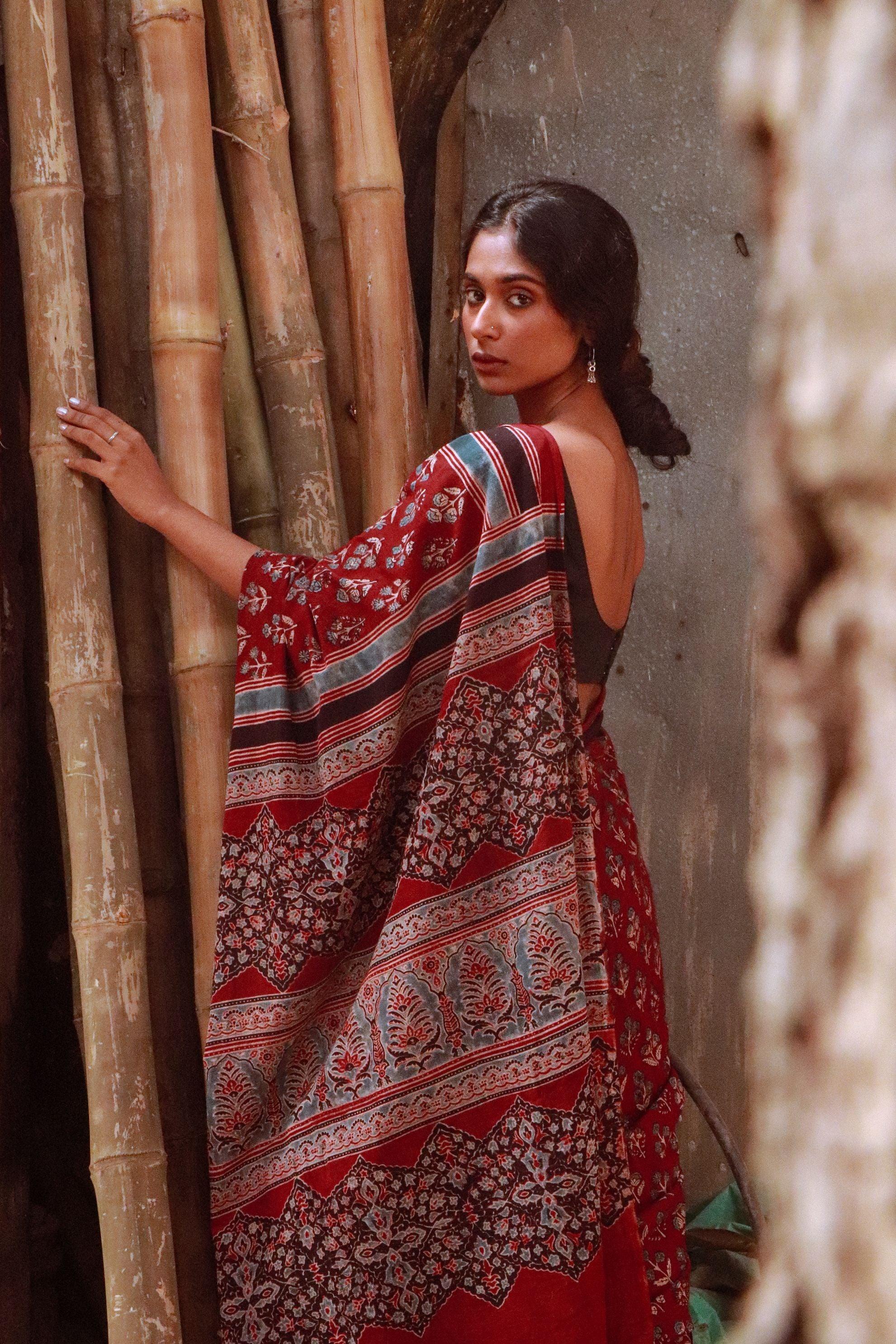 Jharokha -Maroon Ajrkah  handblockprinted saree