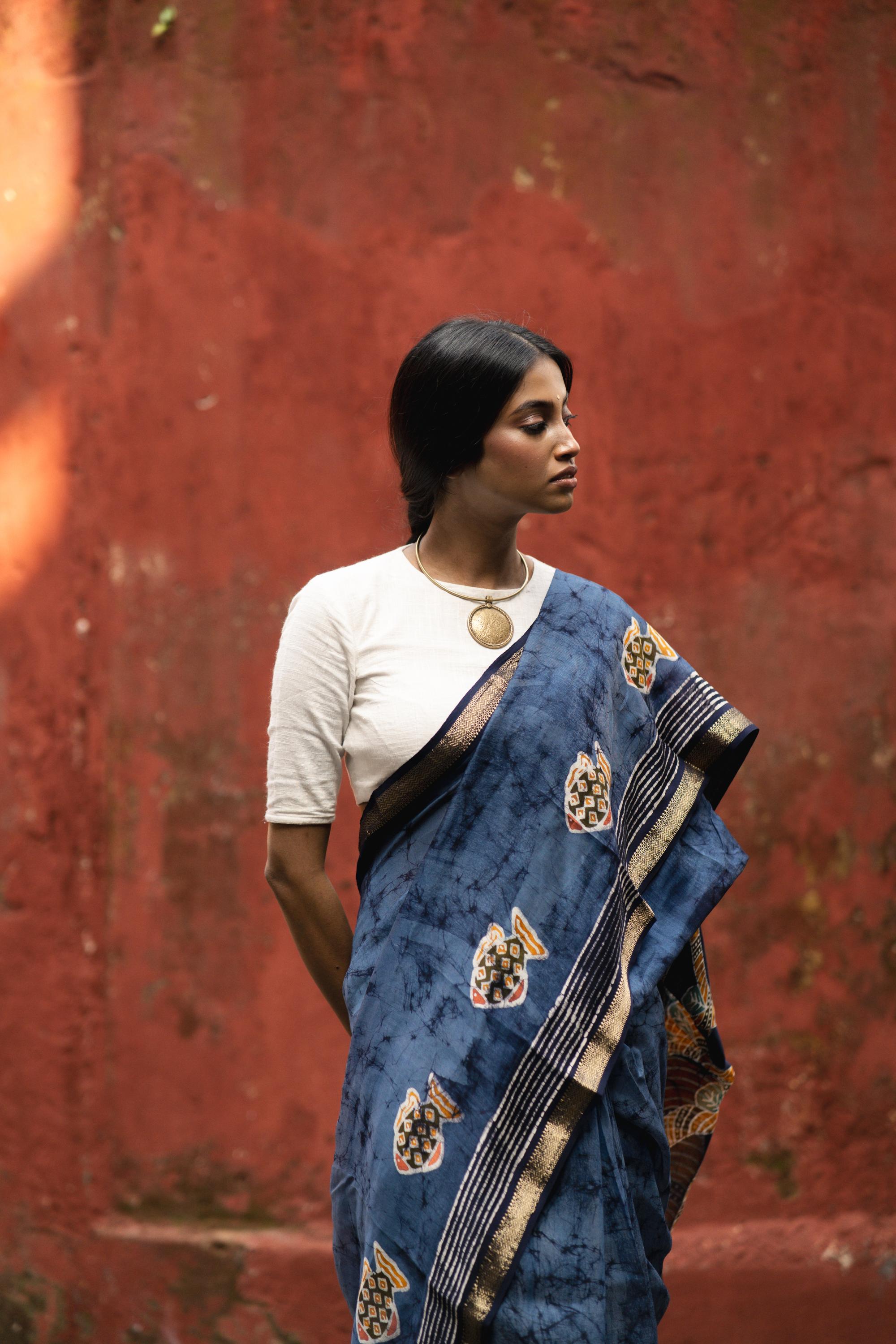 Jheelmeel -  Narmada Batik Madhubani  Blue Maheswari saree