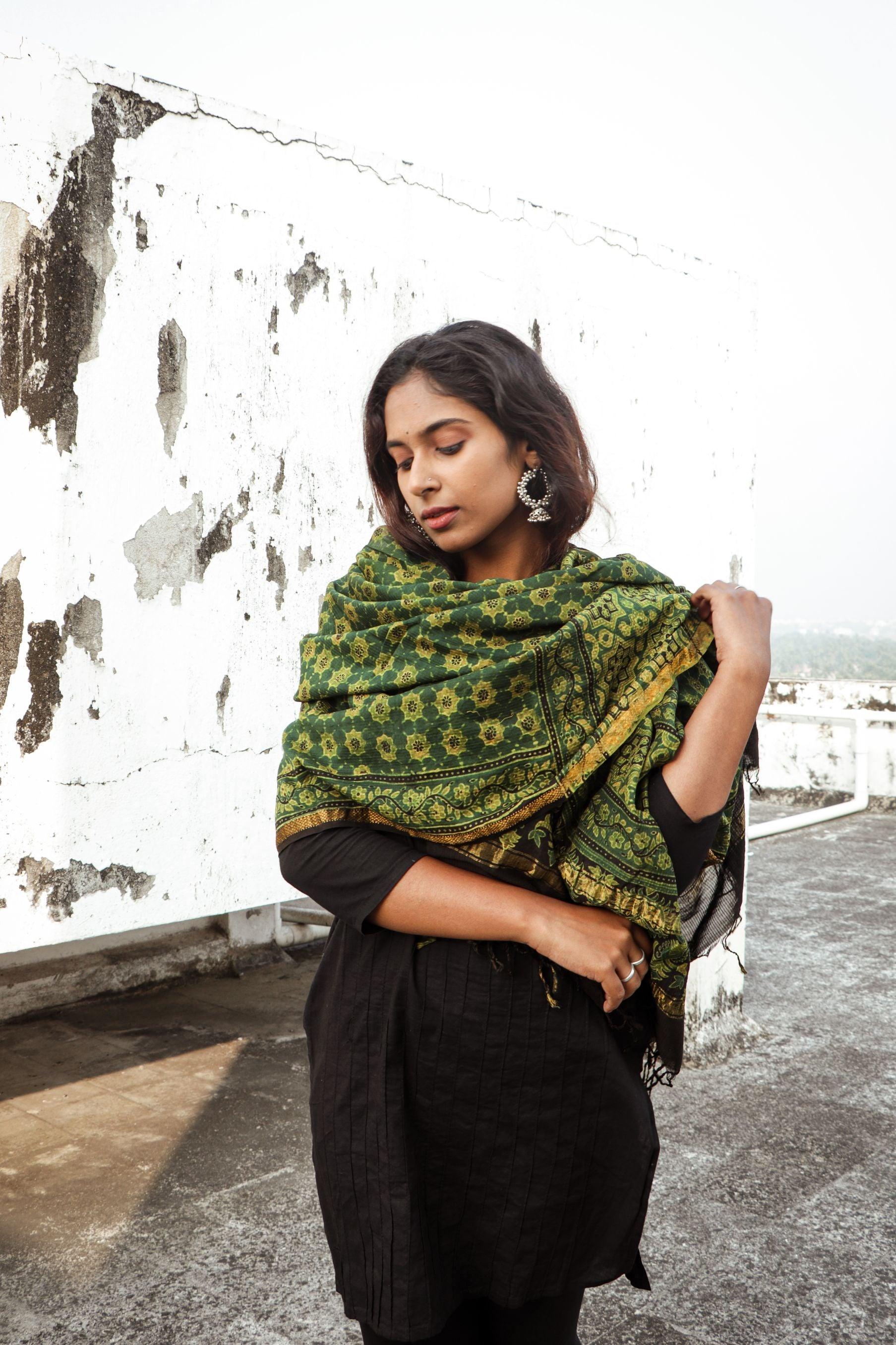 Kaisori Ajrakh Green Chanderi Dupatta