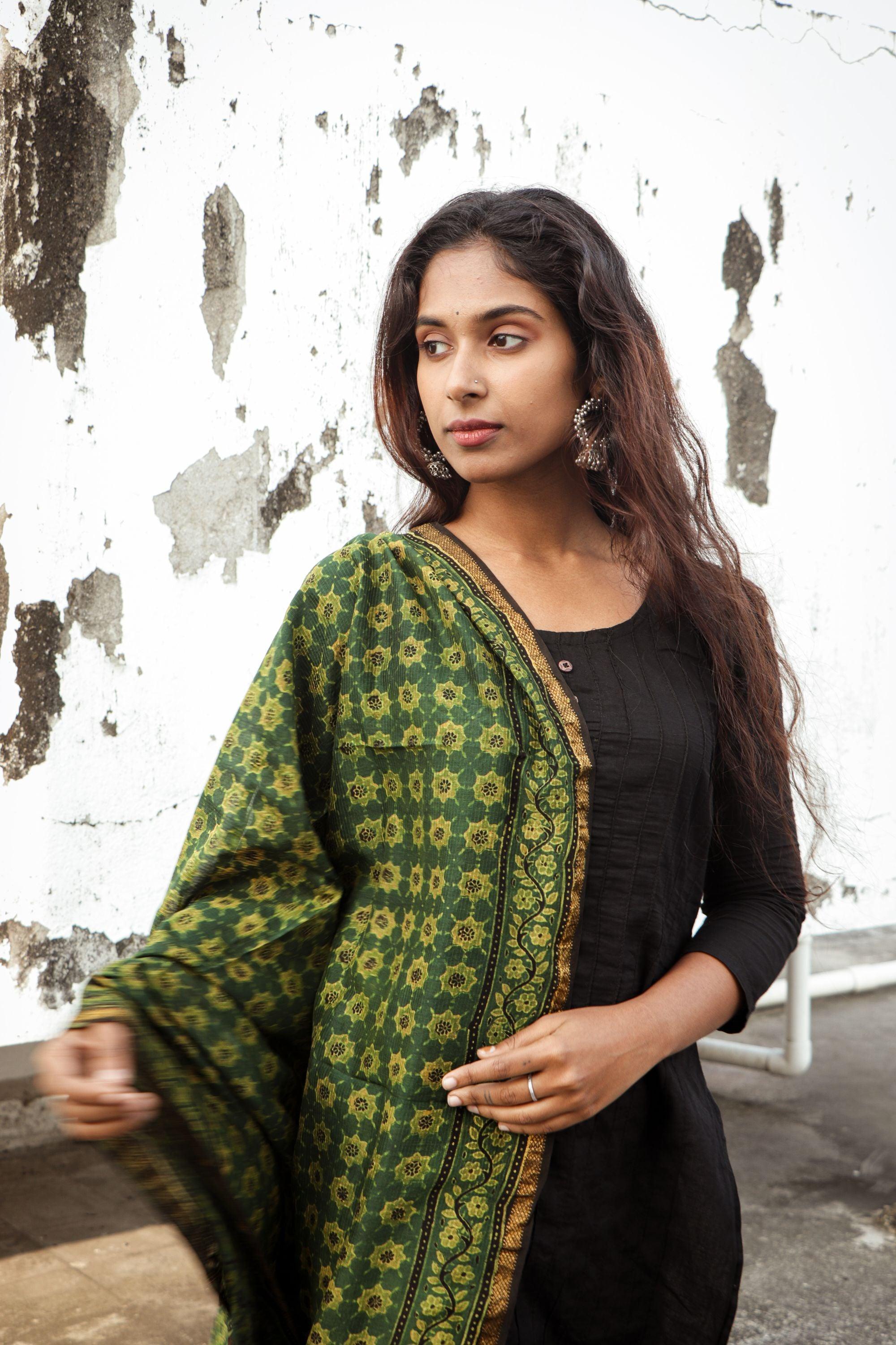 Kaisori Ajrakh Green Chanderi Dupatta