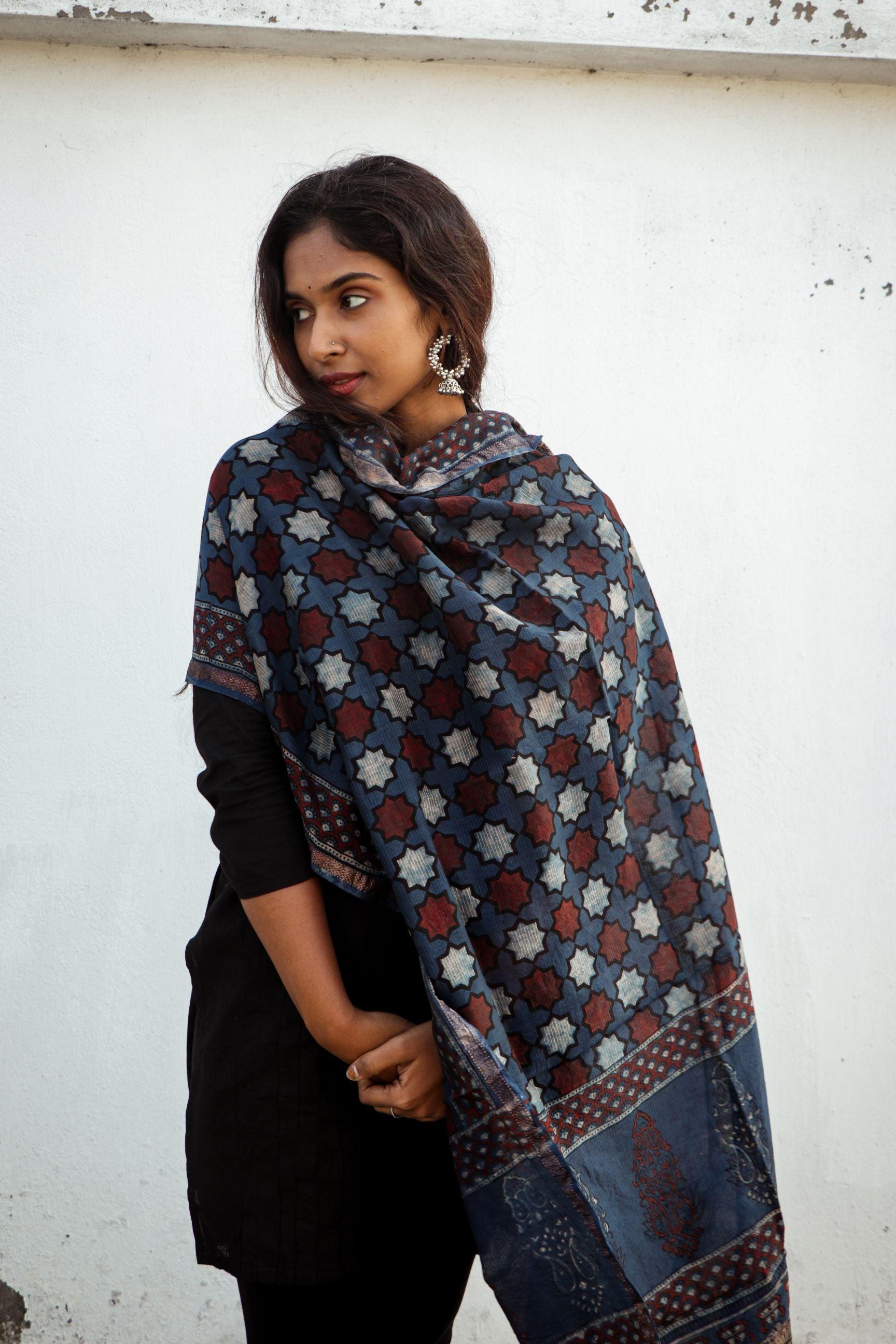 Kaisori Ajrakh Indigo Chanderi Dupatta