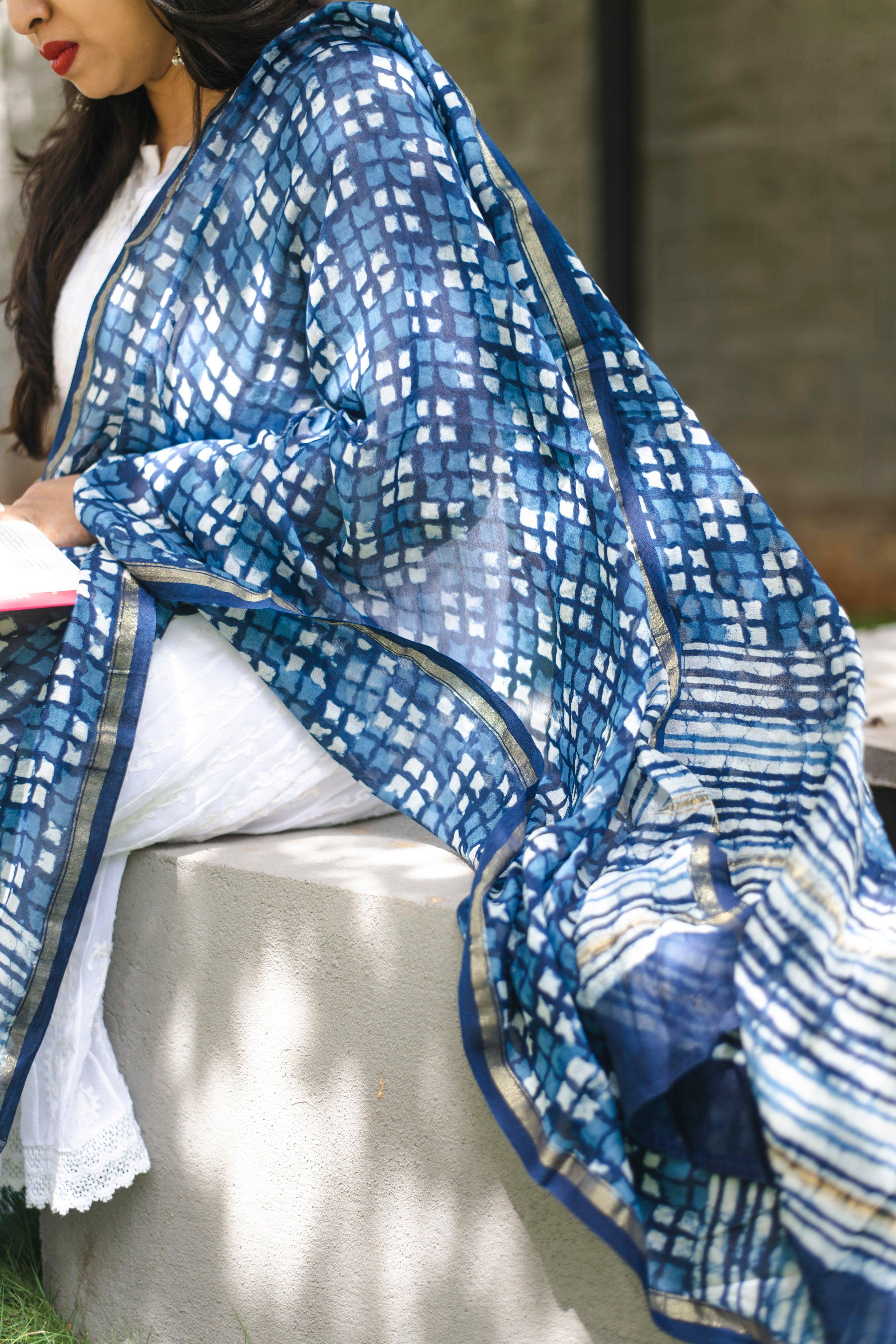 Kaisori Indigo Chanderi Dupatta - Checks