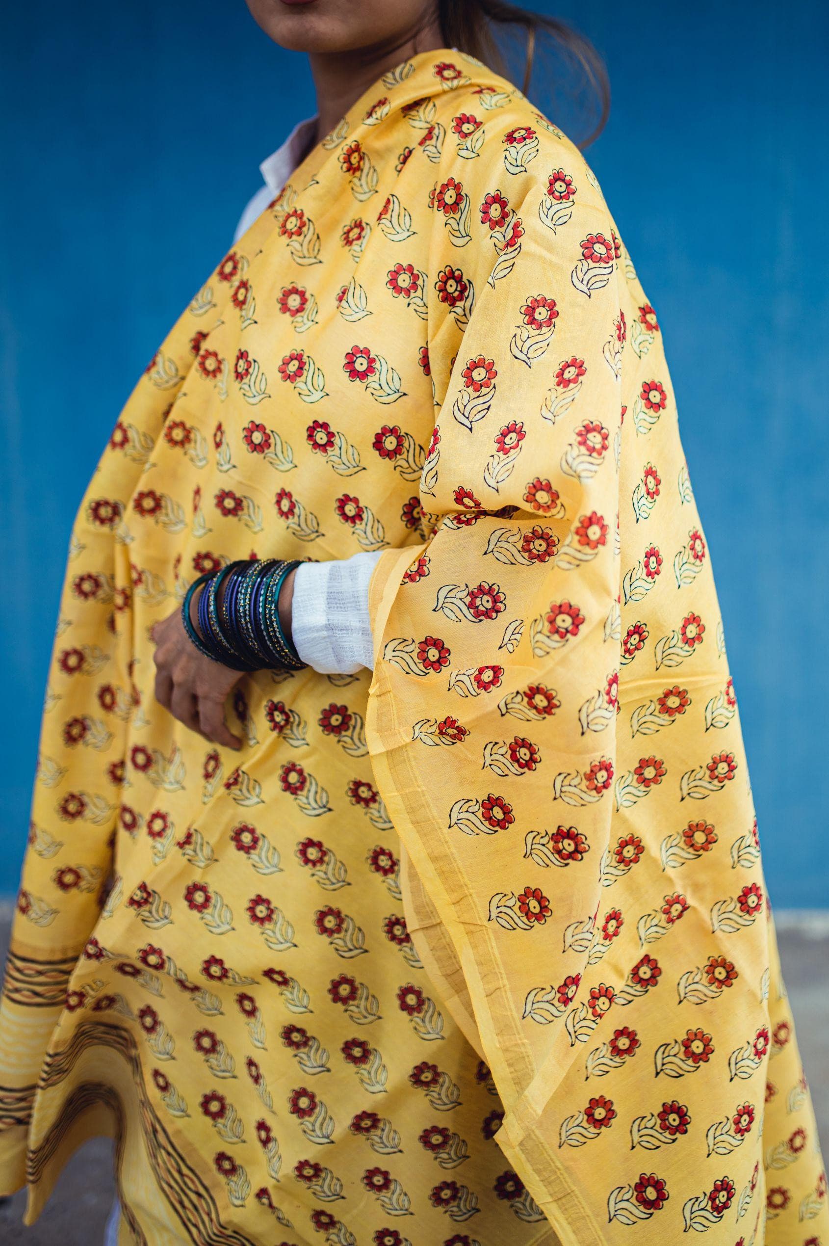 Kaisori Yellow Chanderi Dupatta - Floral