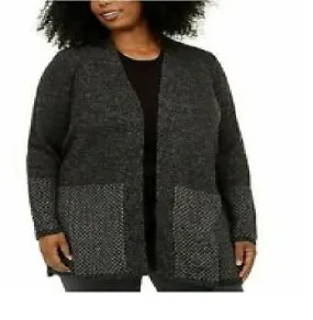 Karen Scott Women's Plus Size Patterned-Border Cardigan Sweater Black Size 2X