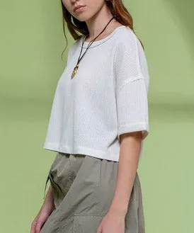 Knit Top with Short Fold Sleeves - Oatmeal