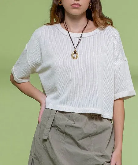 Knit Top with Short Fold Sleeves - Oatmeal