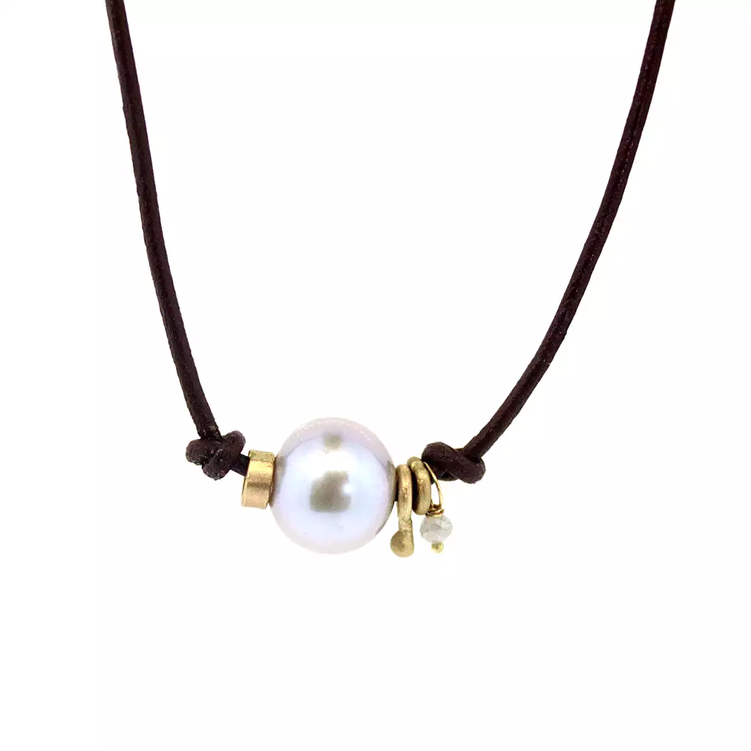 Leather Pearl & Gold Ring Necklace