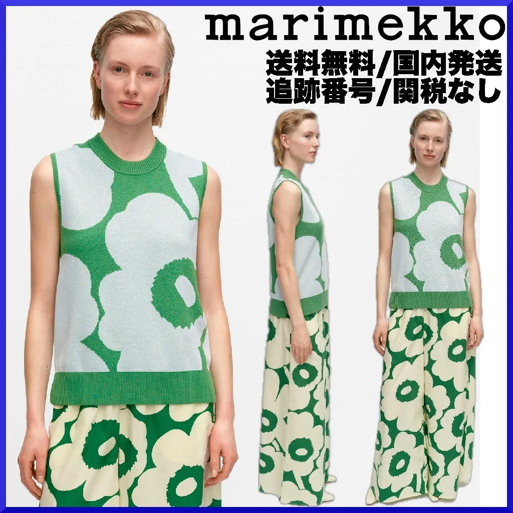 marimekko  |Crew Neck Flower Patterns Casual Style Wool Nylon Rib