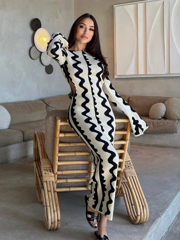 Maxi Dress Flare Long Sleeve Bodycon Dress for Women