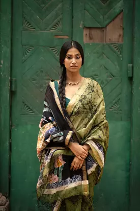 Meena -  Narmada Batik Gond Green Maheswari saree