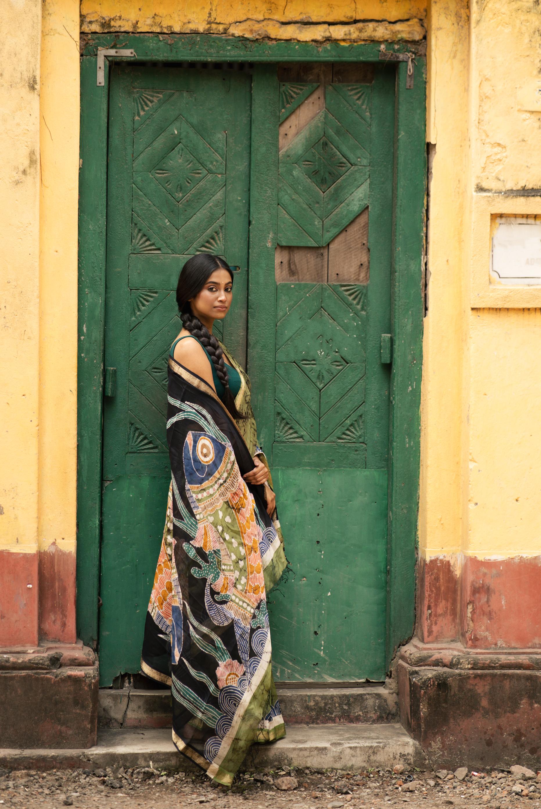 Meena -  Narmada Batik Gond Green Maheswari saree