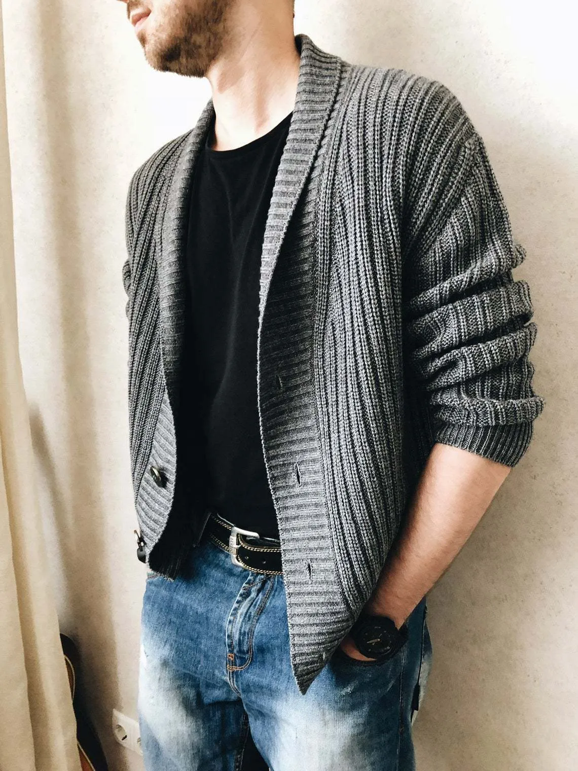 Men's Simple Solid Knitted V Neck Long Sleeves Cardigan Sweater for Winter