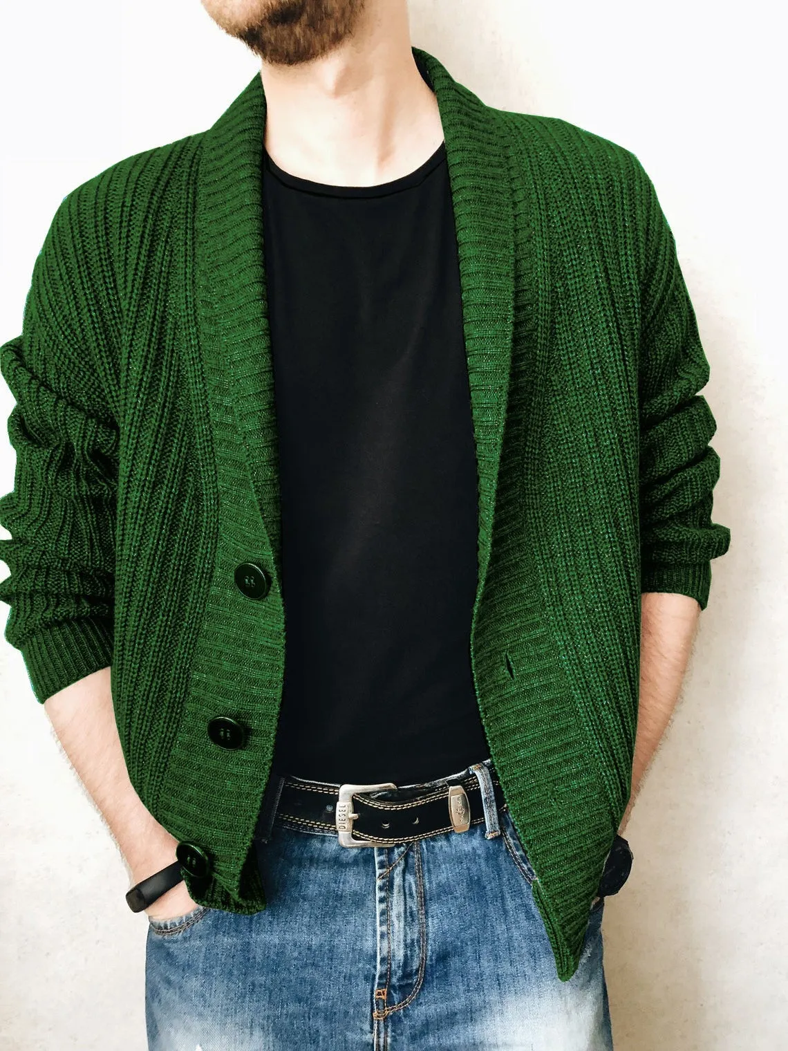 Men's Simple Solid Knitted V Neck Long Sleeves Cardigan Sweater for Winter