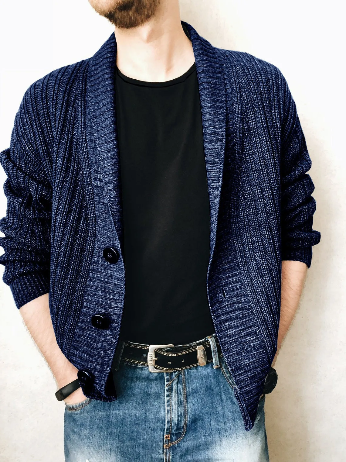 Men's Simple Solid Knitted V Neck Long Sleeves Cardigan Sweater for Winter