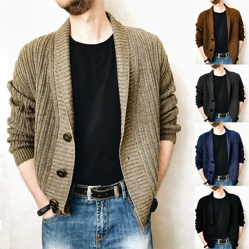 Men's Simple Solid Knitted V Neck Long Sleeves Cardigan Sweater for Winter