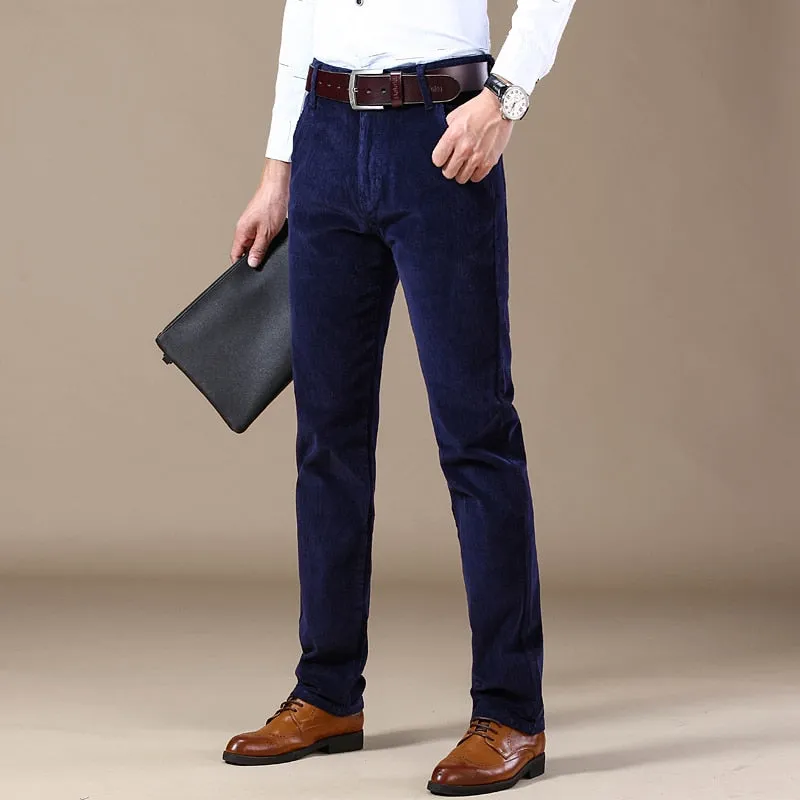 Men's Winter Vintage Style Cotton Mid Waist Casual Business Dress Pants